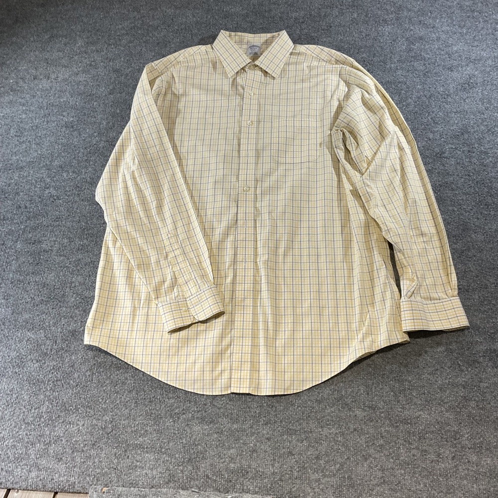 Brooks Brothers Regent Fit Dress Shirt Yellow Blue Check Supima Cotton 17.5 37